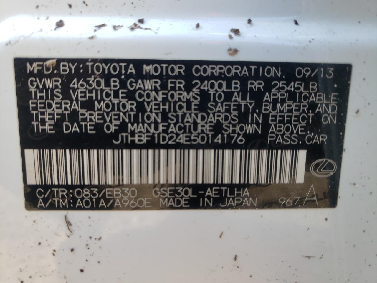 Photo 10 from auction – 2014 LEXUS IS 250 with VIN JTHBF1D24E5014176