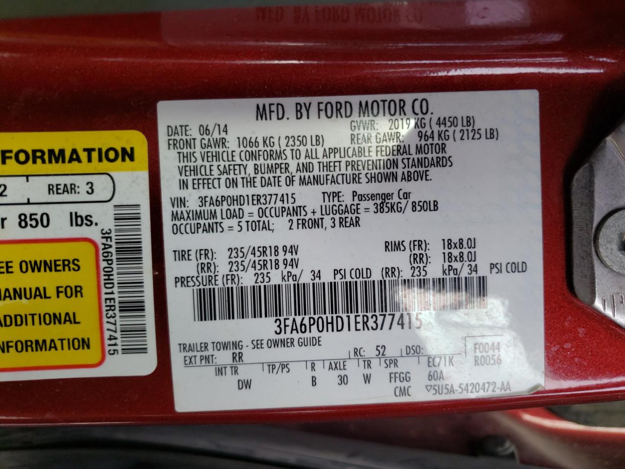 Photo 10 from auction – 2014 FORD FUSION SE with VIN 3FA6P0HD1ER377415