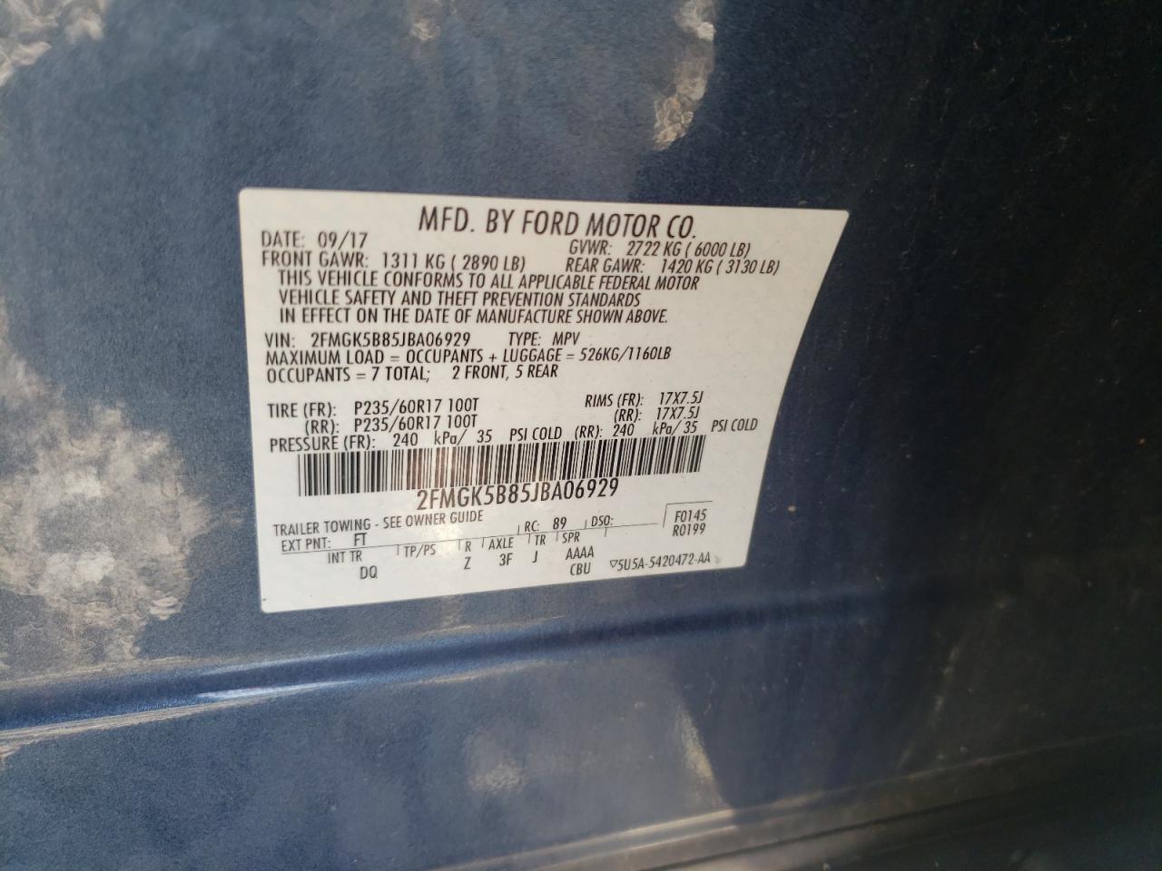 Photo 10 from auction – 2018 FORD FLEX SE with VIN 2FMGK5B85JBA06929