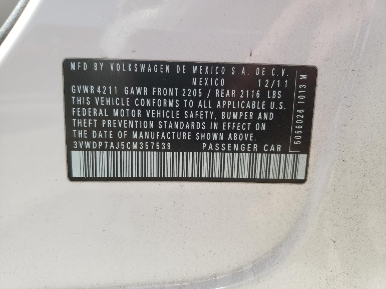 Photo 10 from auction – 2012 VOLKSWAGEN JETTA SE with VIN 3VWDP7AJ5CM357539