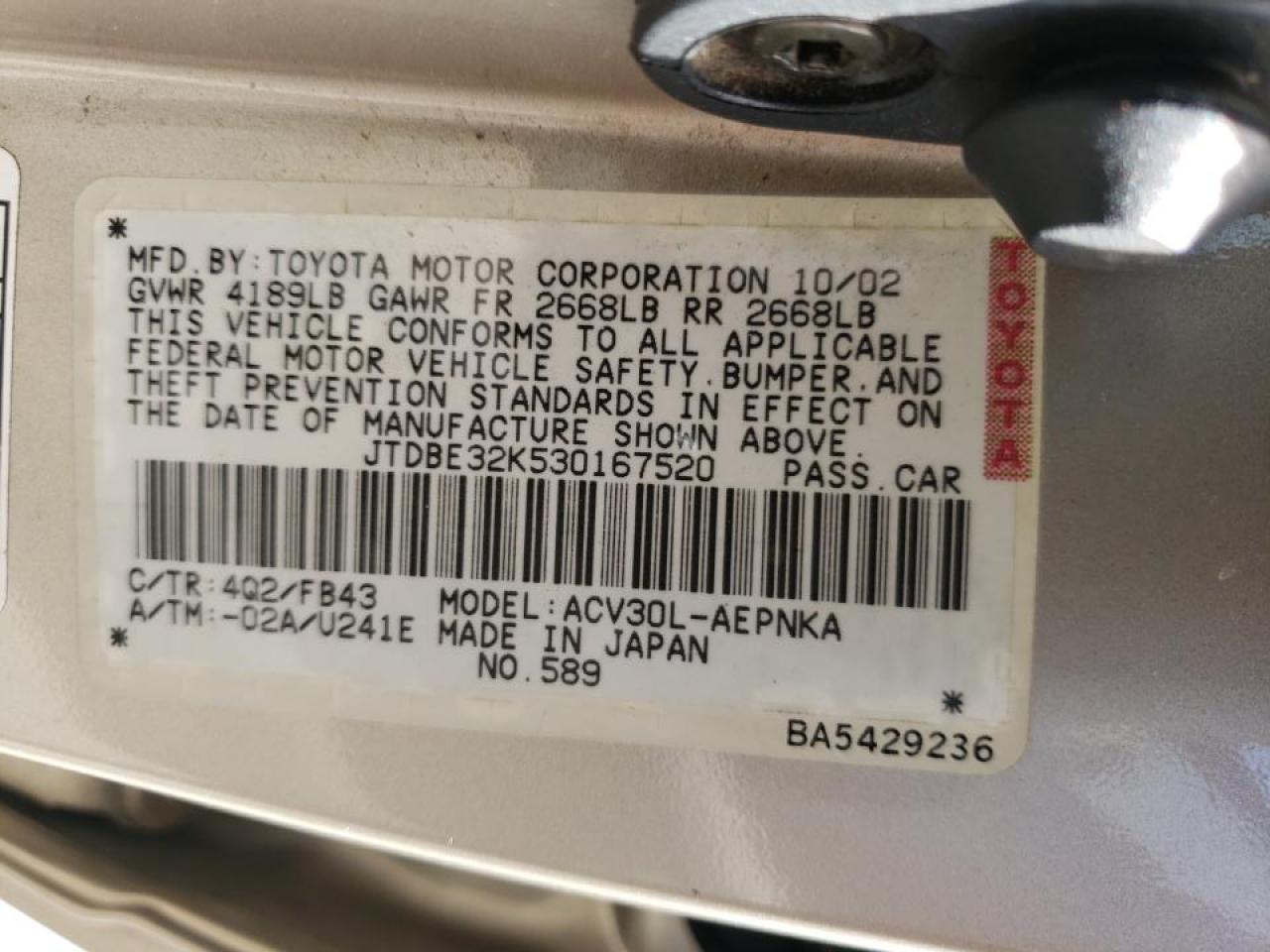 Photo 10 from auction – 2003 TOYOTA CAMRY LE with VIN JTDBE32K530167520
