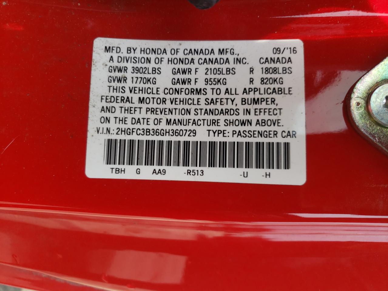 Photo 10 from auction – 2016 HONDA CIVIC EX with VIN 2HGFC3B36GH360729