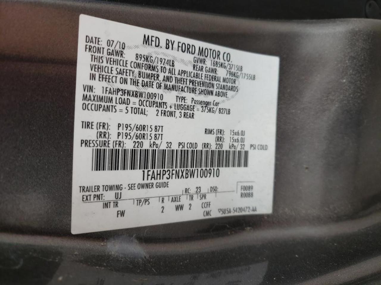 Photo 10 from auction – 2011 FORD FOCUS SE with VIN 1FAHP3FNXBW100910