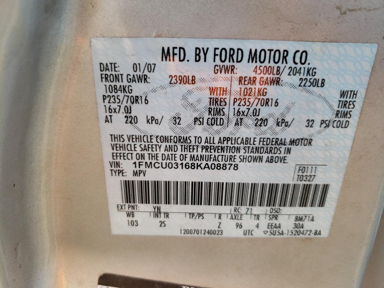 Photo 10 from auction – 2008 FORD ESCAPE XLT with VIN 1FMCU03168KA08878
