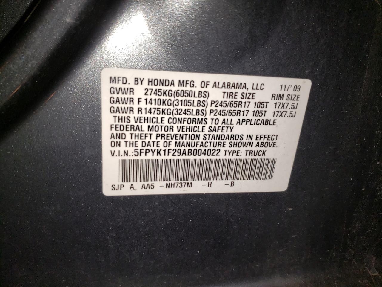 Photo 10 from auction – 2010 HONDA RIDGELINE with VIN 5FPYK1F29AB004022