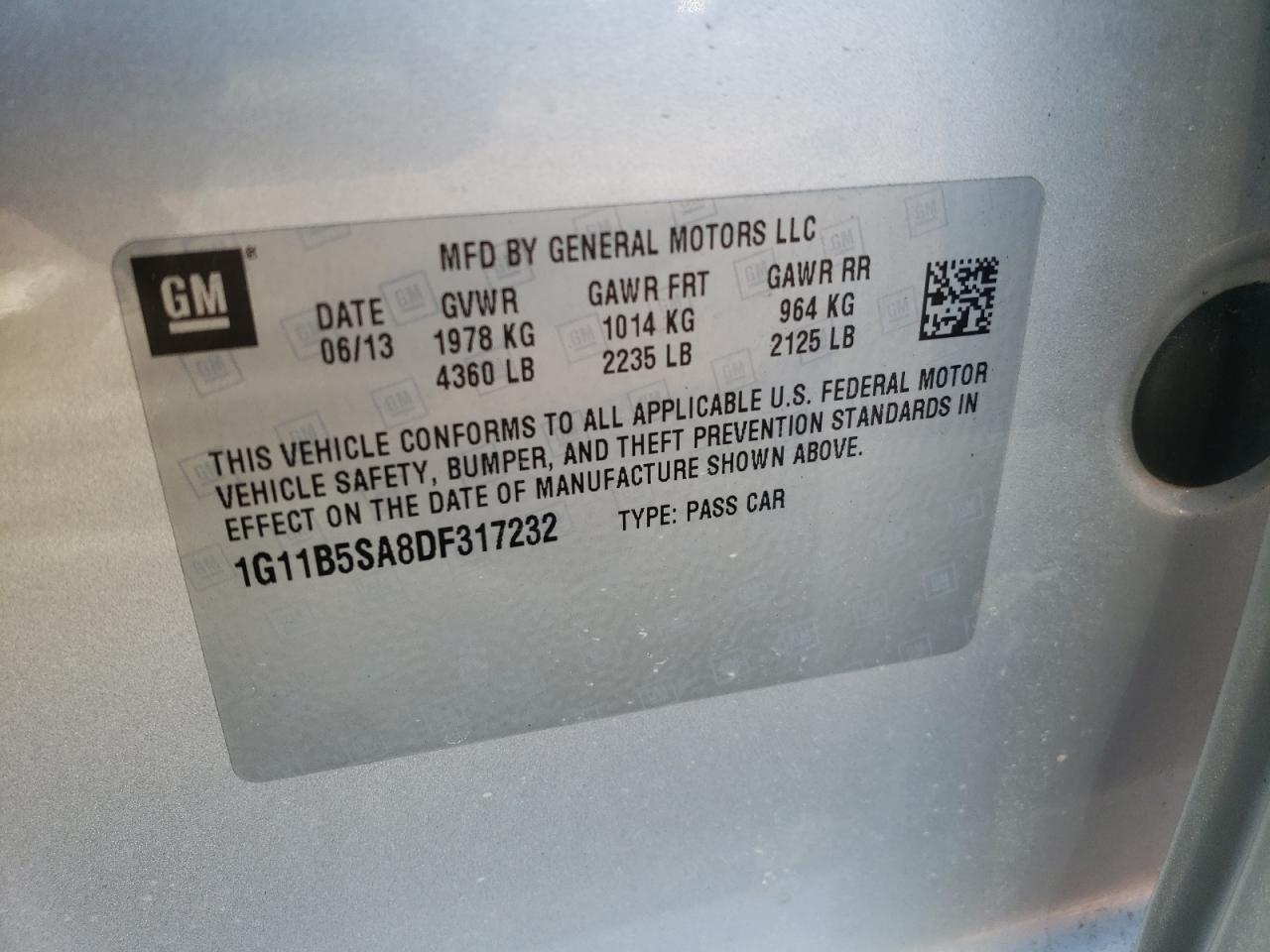 Foto 10 de la subasta – 2013 CHEVROLET MALIBU LS con VIN 1G11B5SA8DF317232