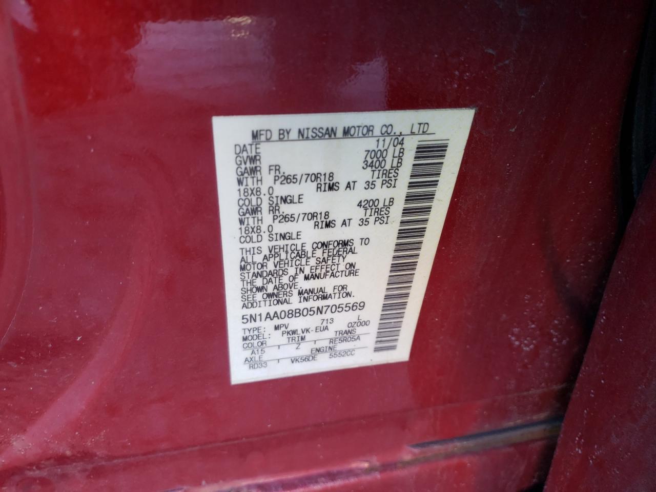 Photo 10 from auction – 2005 NISSAN ARMADA SE with VIN 5N1AA08B05N705569
