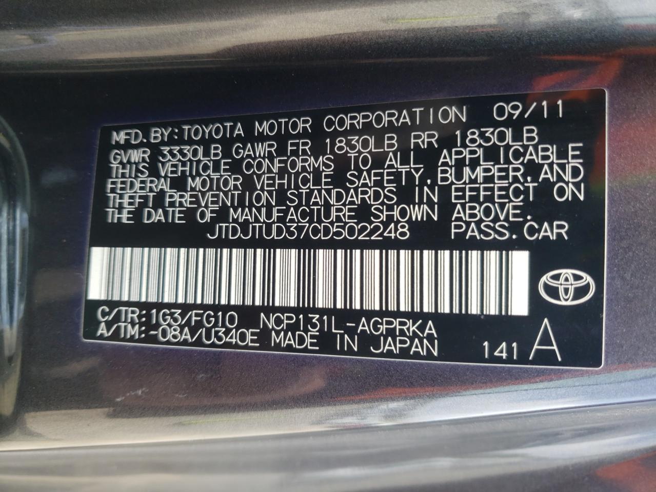 Photo 10 from auction – 2012 TOYOTA YARIS with VIN JTDJTUD37CD502248