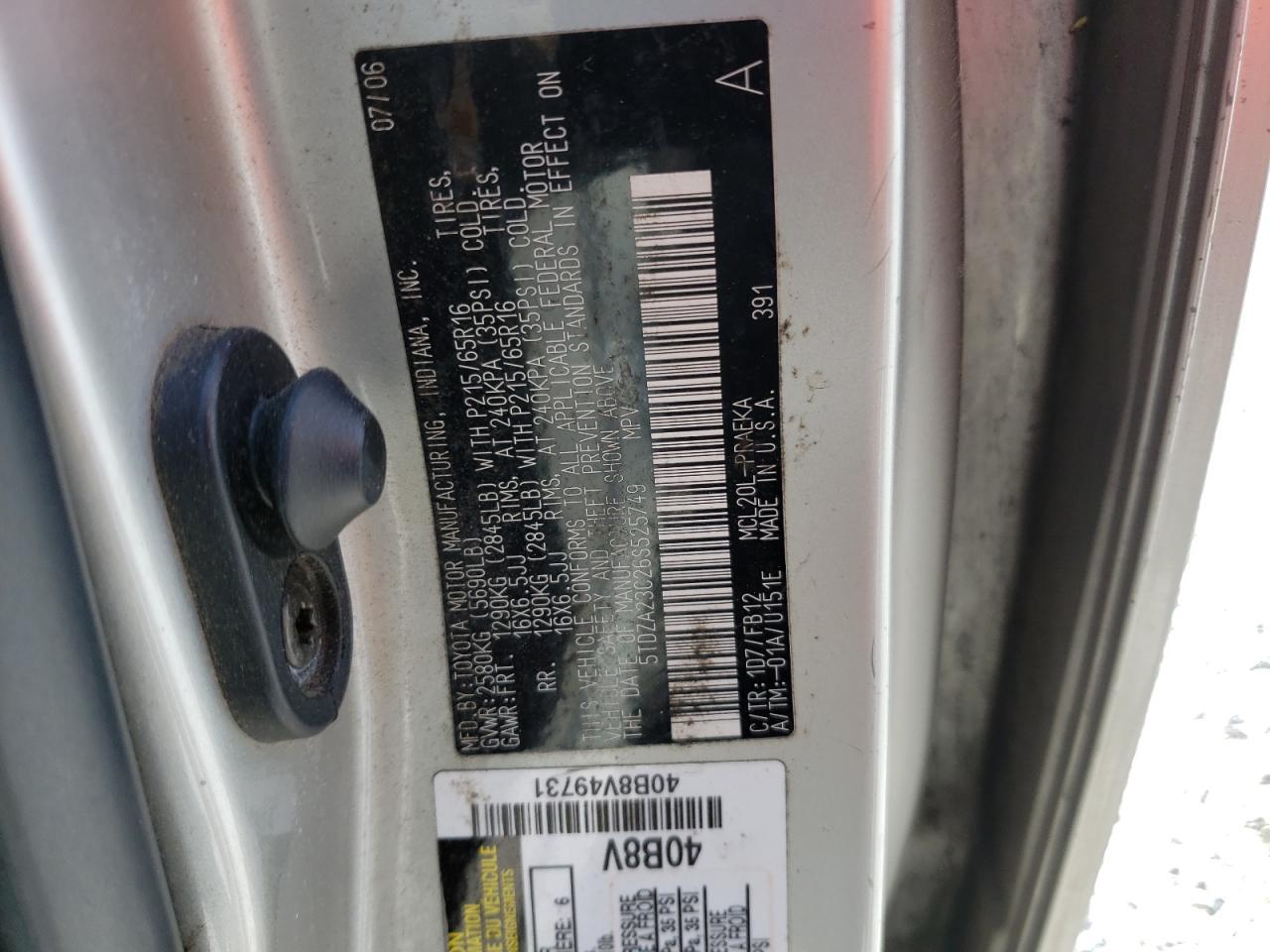 Photo 10 from auction – 2006 TOYOTA SIENNA CE with VIN 5TDZA23C26S525749