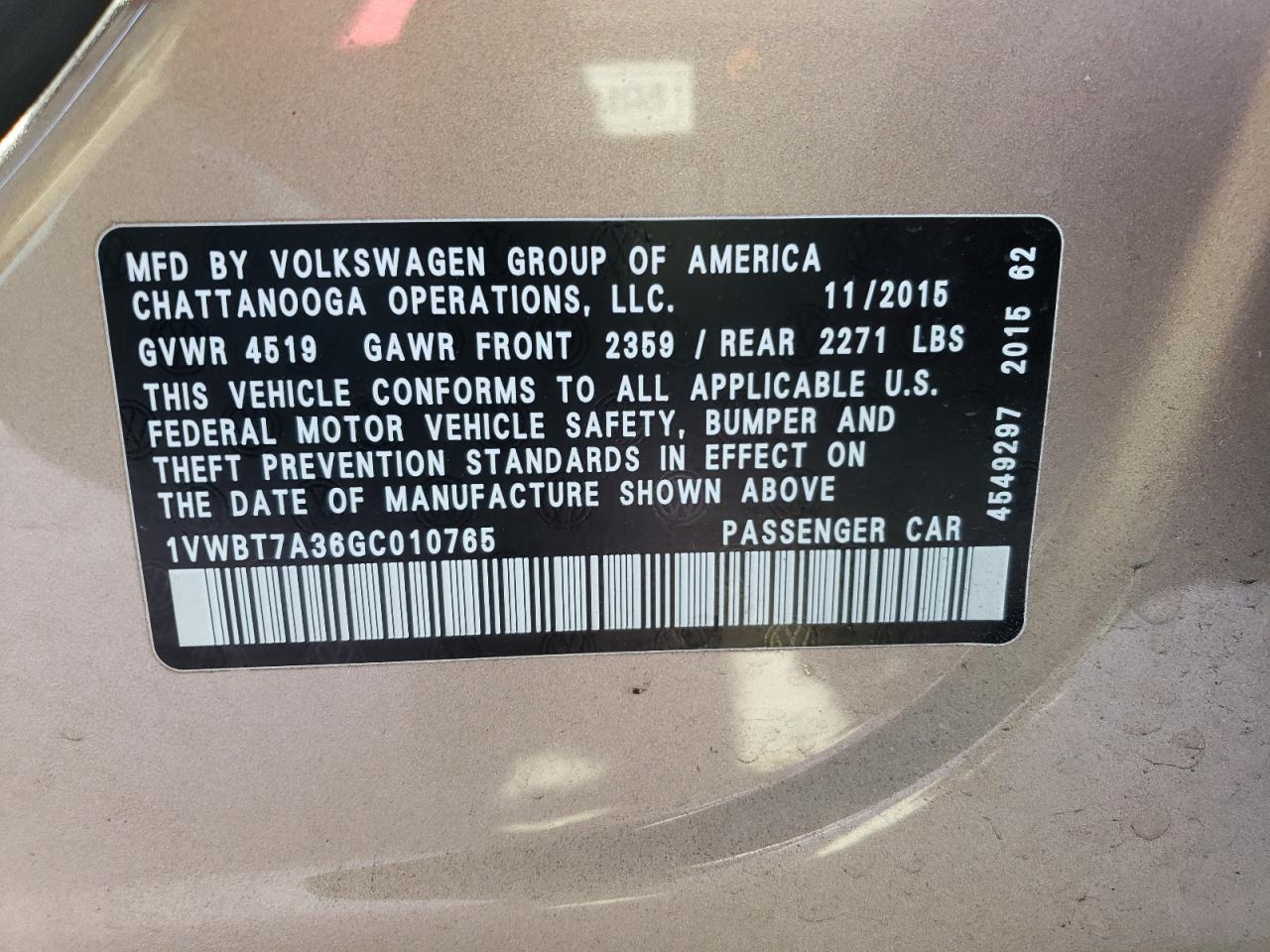 Photo 10 from auction – 2016 VOLKSWAGEN PASSAT SE with VIN 1VWBT7A36GC010765