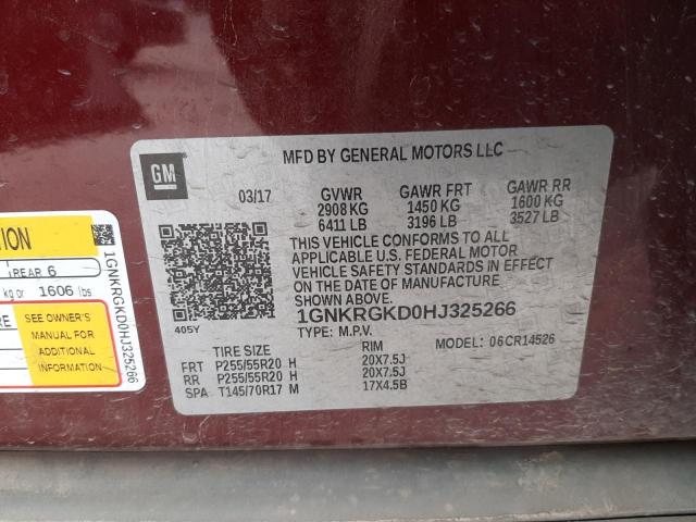 Photo 10 from auction – 2017 CHEVROLET TRAVERSE L with VIN 1GNKRGKD0HJ325266