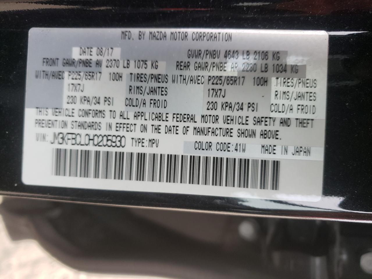 Photo 10 from auction – 2017 MAZDA CX-5 TOURI with VIN JM3KFBCL0H0205930