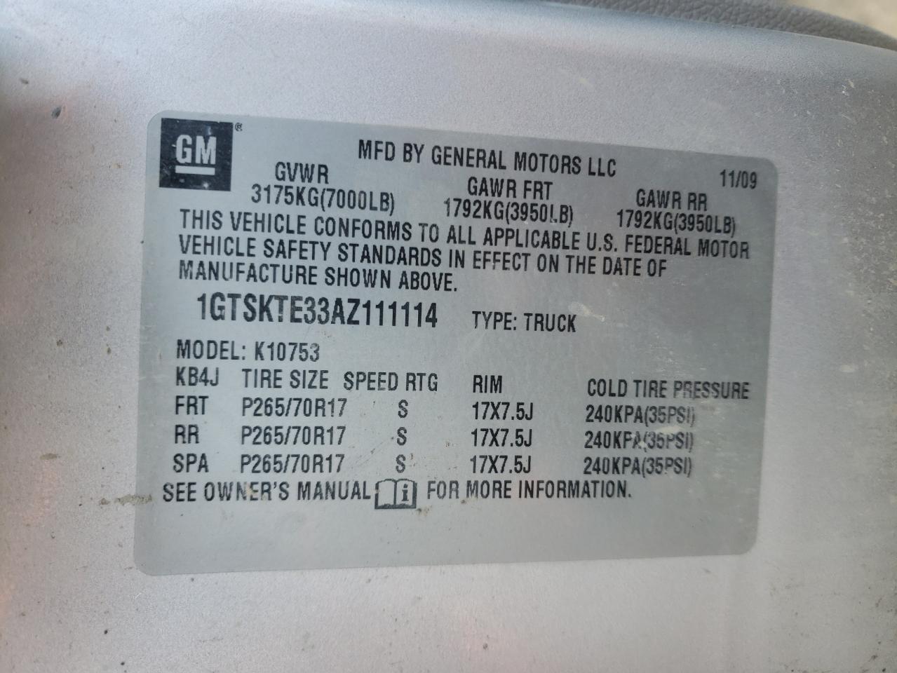 Photo 10 from auction – 2010 GMC SIERRA K15 with VIN 1GTSKTE33AZ111114