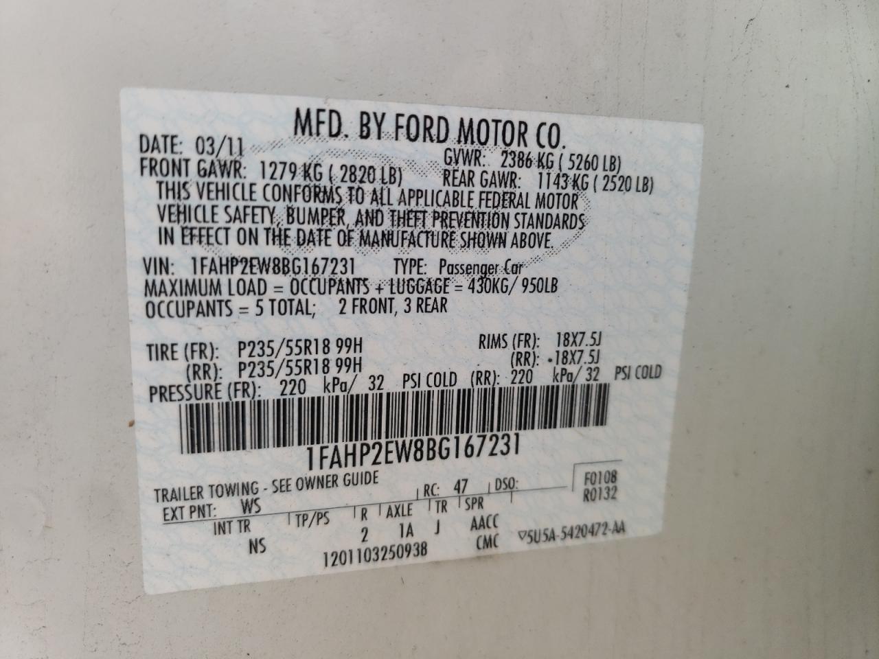 Photo 10 from auction – 2011 FORD TAURUS SEL with VIN 1FAHP2EW8BG167231