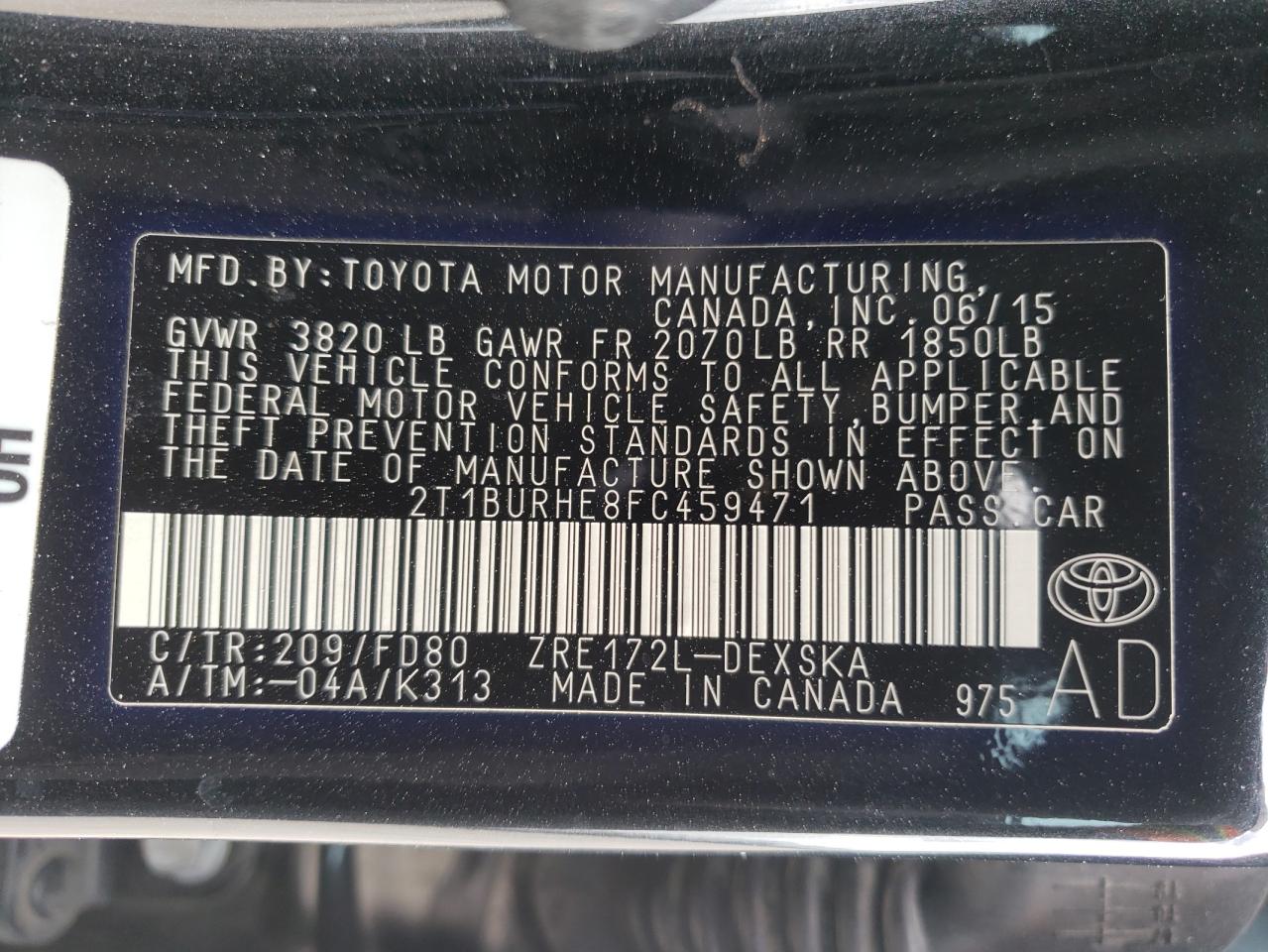 Photo 10 from auction – 2015 TOYOTA COROLLA L with VIN 2T1BURHE8FC459471