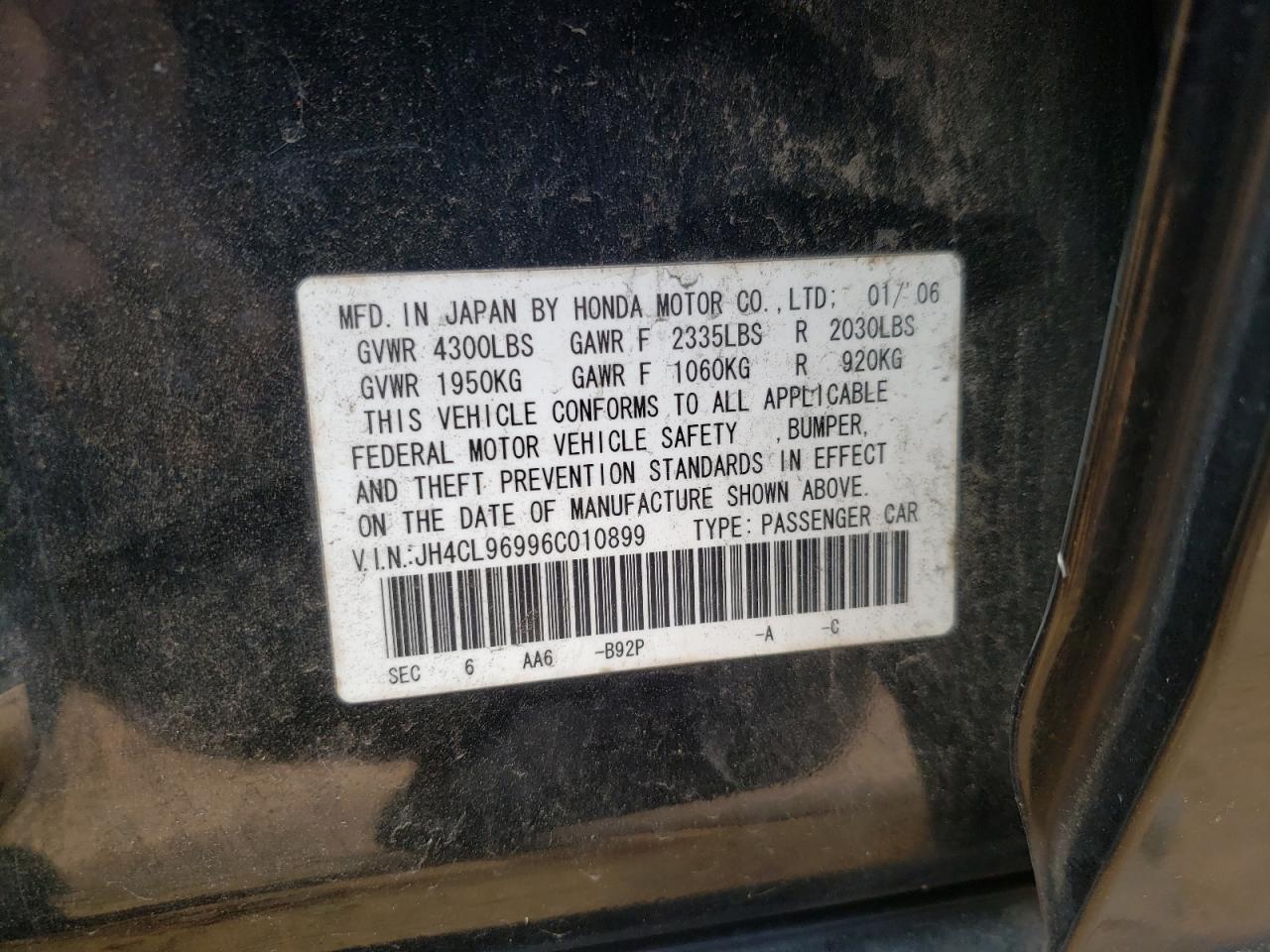 Photo 10 from auction – 2006 ACURA TSX with VIN JH4CL96996C010899