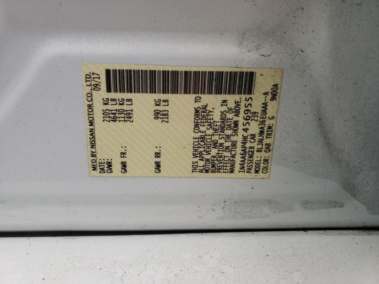 Photo 10 from auction – 2017 NISSAN MAXIMA 3.5 with VIN 1N4AA6AP4HC456955