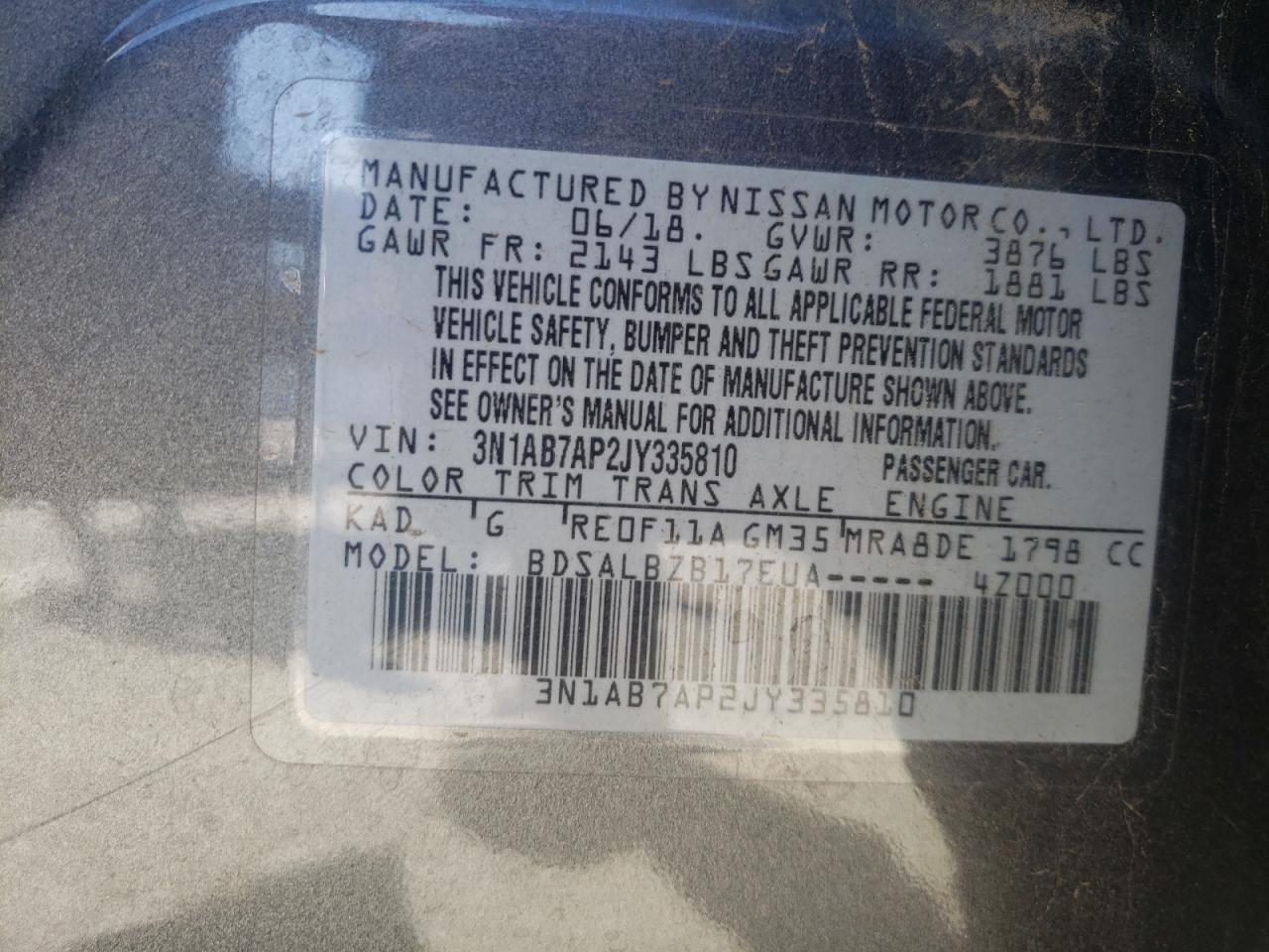 Photo 10 from auction – 2018 NISSAN SENTRA S with VIN 3N1AB7AP2JY335810
