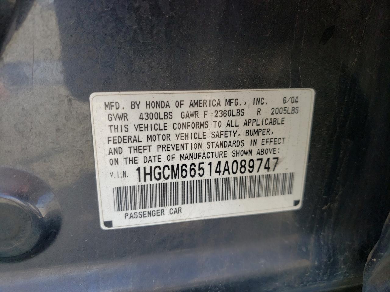 Photo 10 from auction – 2004 HONDA ACCORD EX with VIN 1HGCM66514A089747