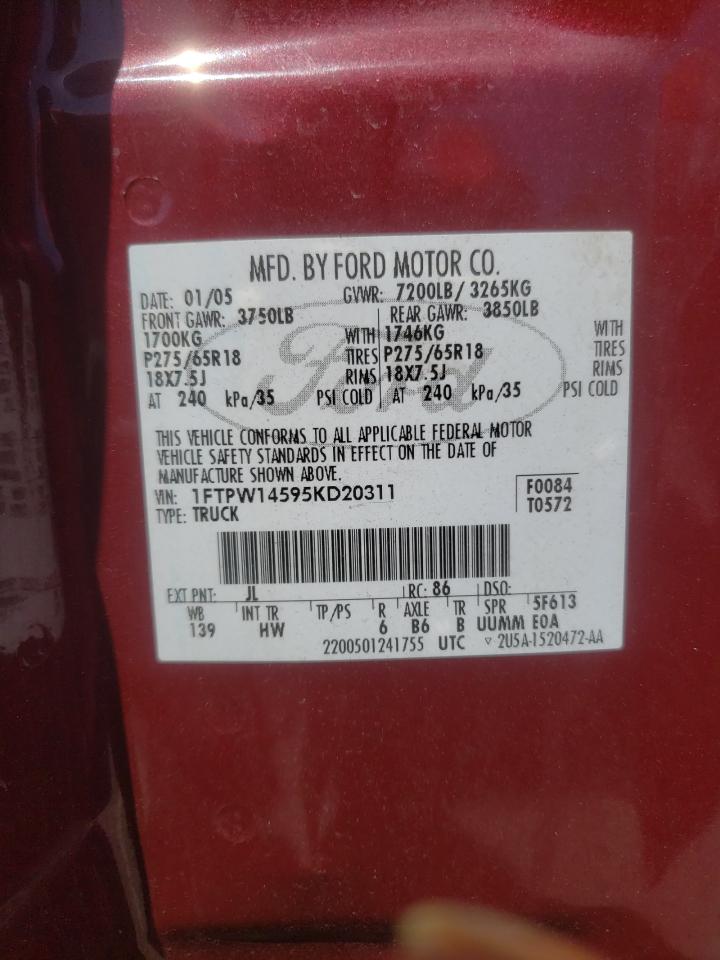 Photo 10 from auction – 2005 FORD F150 SUPER with VIN 1FTPW14595KD20311