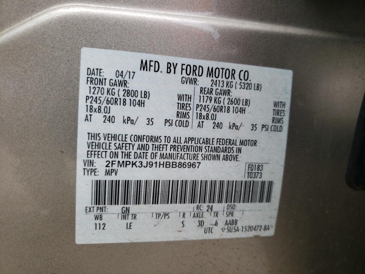 Photo 10 from auction – 2017 FORD EDGE TITAN with VIN 2FMPK3J91HBB86967