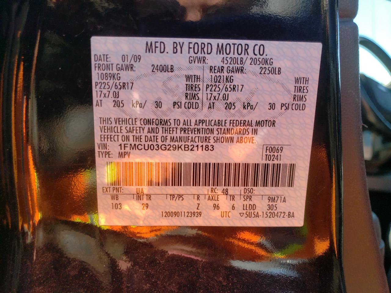 Photo 10 from auction – 2009 FORD ESCAPE XLT with VIN 1FMCU03G29KB21183