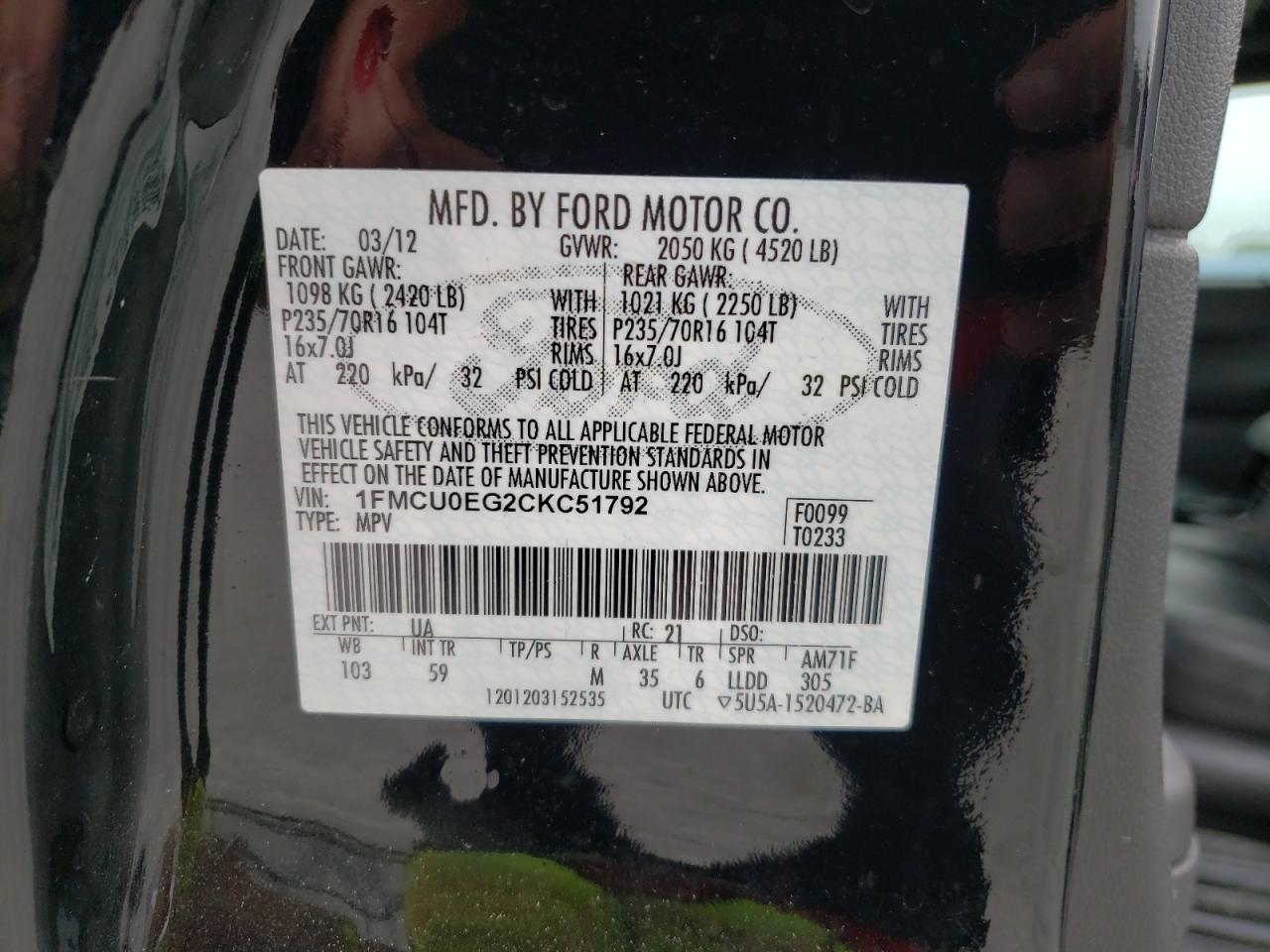 Photo 10 from auction – 2012 FORD ESCAPE LIM with VIN 1FMCU0EG2CKC51792