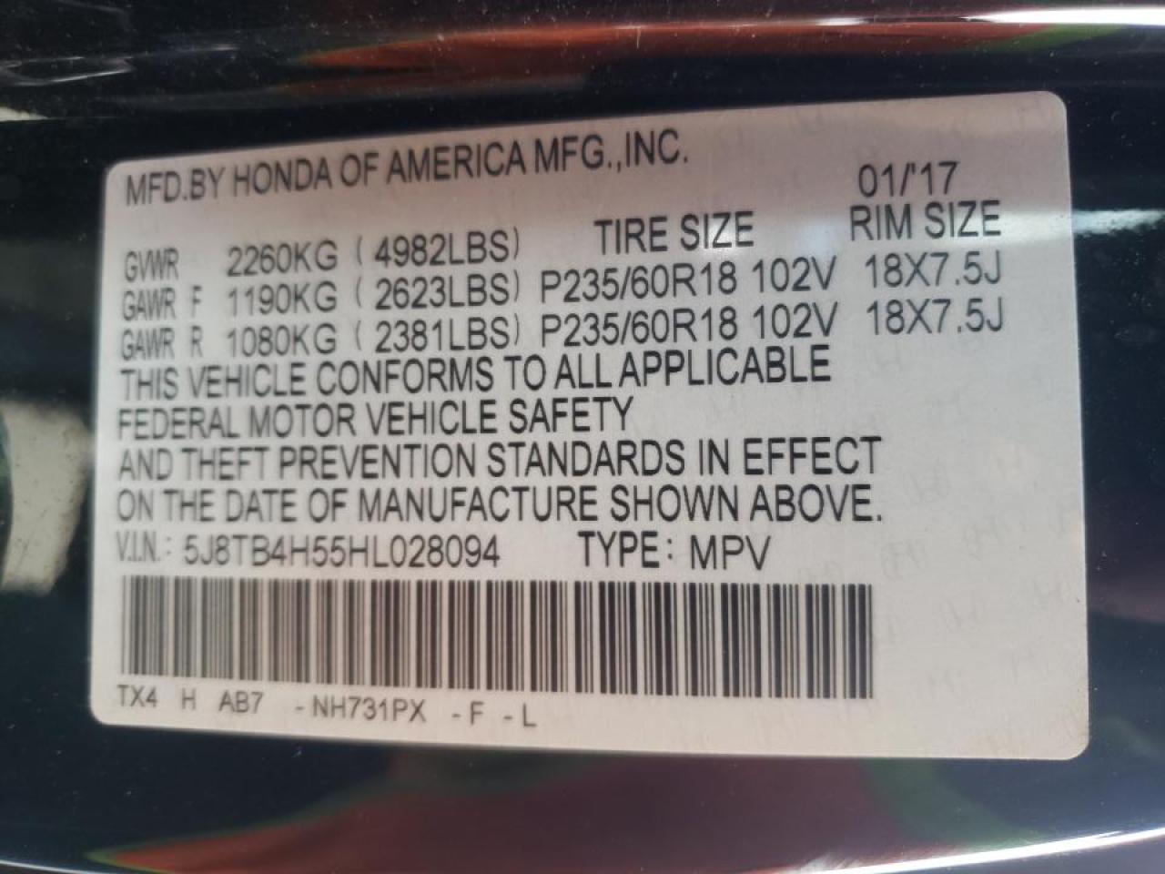 Photo 10 from auction – 2017 ACURA RDX TECHNO with VIN 5J8TB4H55HL028094