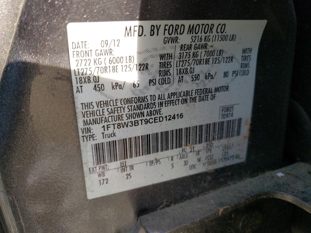 Photo 10 from auction – 2012 FORD F350 SUPER with VIN 1FT8W3BT9CED12416