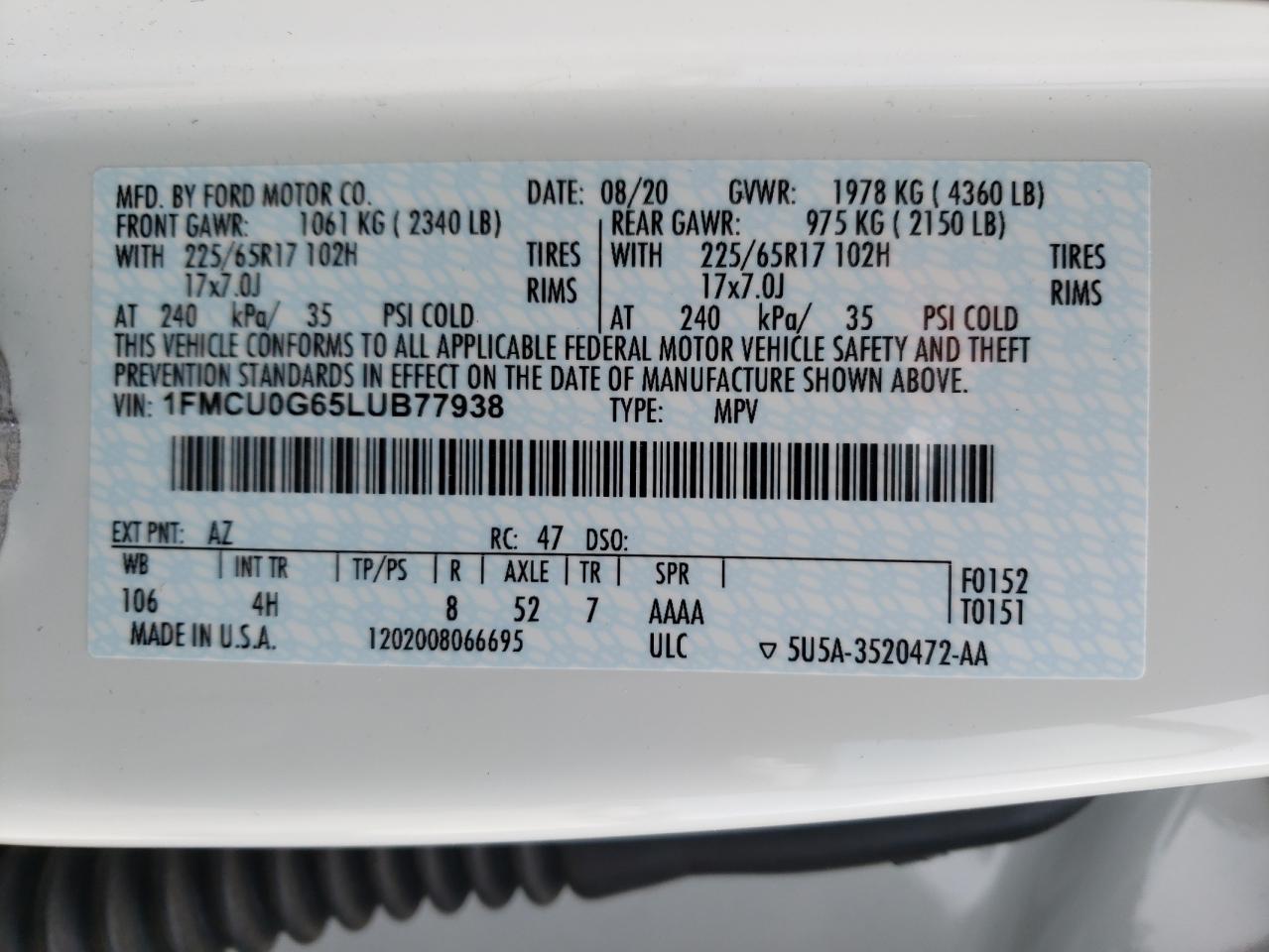 Photo 10 from auction – 2020 FORD ESCAPE SE with VIN 1FMCU0G65LUB77938