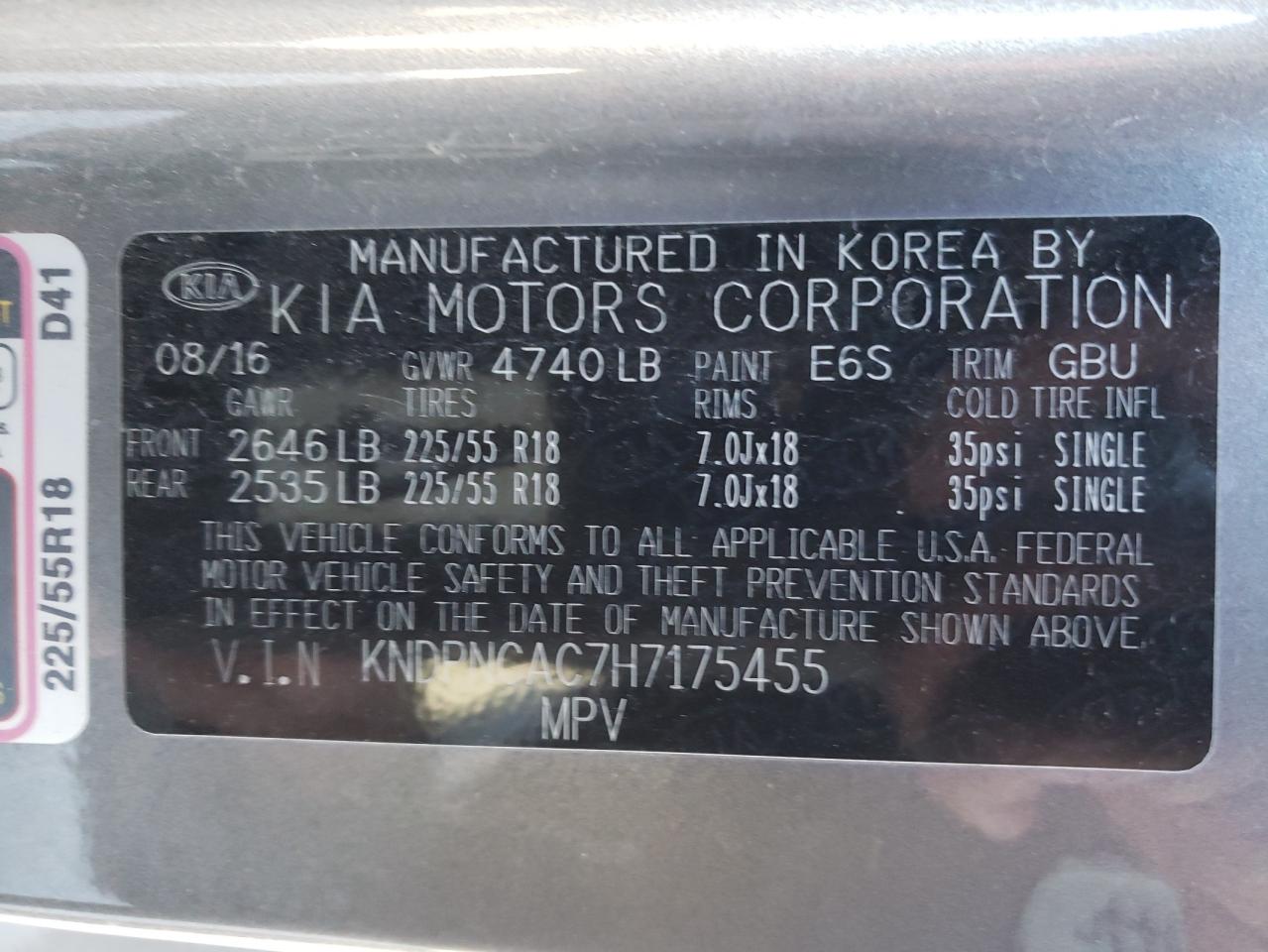 Photo 10 from auction – 2017 KIA SPORTAGE E with VIN KNDPNCAC7H7175455
