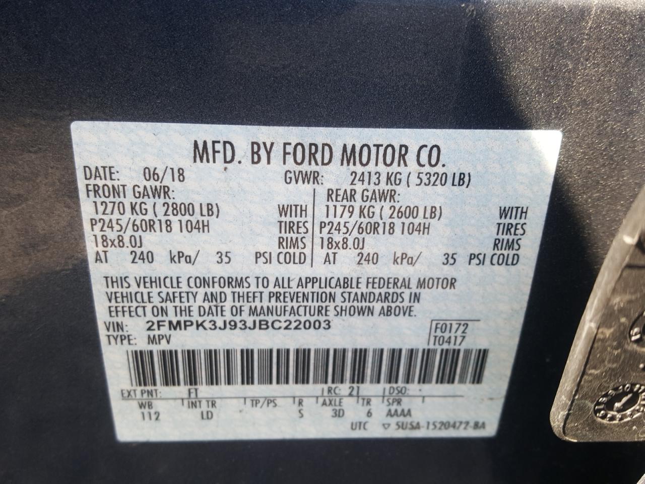 Photo 10 from auction – 2018 FORD EDGE SEL with VIN 2FMPK3J93JBC22003