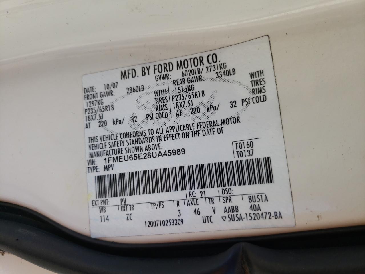 Photo 10 from auction – 2008 FORD EXPLORER with VIN 1FMEU65E28UA45989