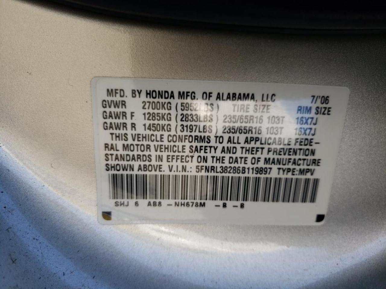 Photo 10 from auction – 2006 HONDA ODYSSEY LX with VIN 5FNRL38286B119897