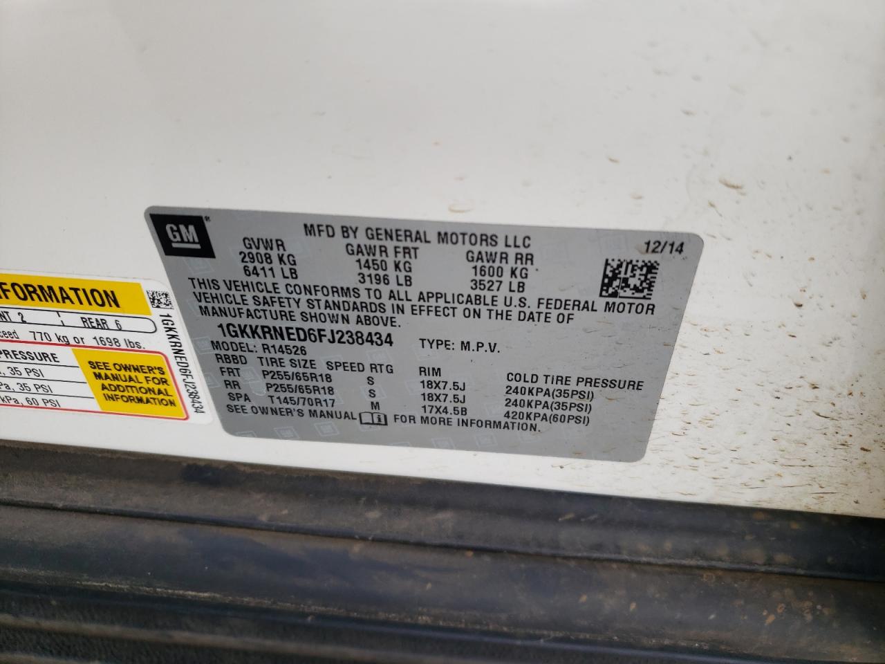 Photo 10 from auction – 2015 GMC ACADIA SLE with VIN 1GKKRNED6FJ238434