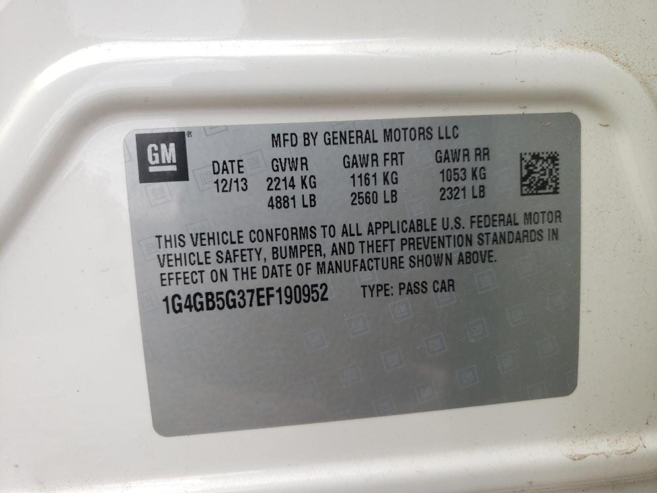 Photo 10 from auction – 2014 BUICK LACROSSE with VIN 1G4GB5G37EF190952