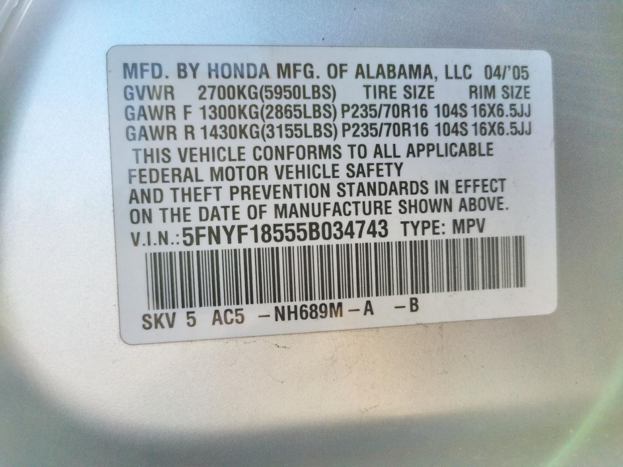 Photo 10 from auction – 2005 HONDA PILOT EXL with VIN 5FNYF18555B034743