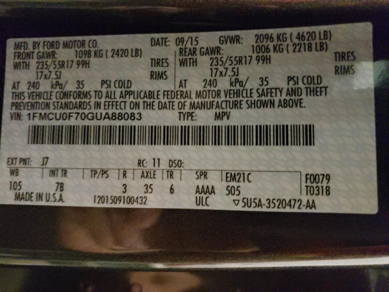Фото 10 с аукциона – 2016 FORD ESCAPE S с VIN 1FMCU0F70GUA88083