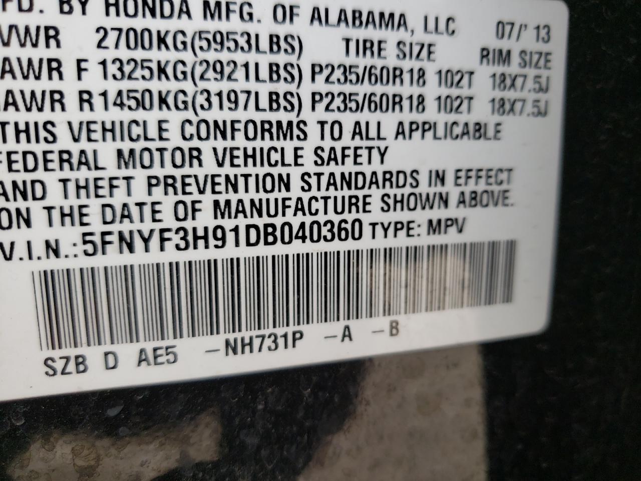 Photo 10 from auction – 2013 HONDA PILOT TOUR with VIN 5FNYF3H91DB040360