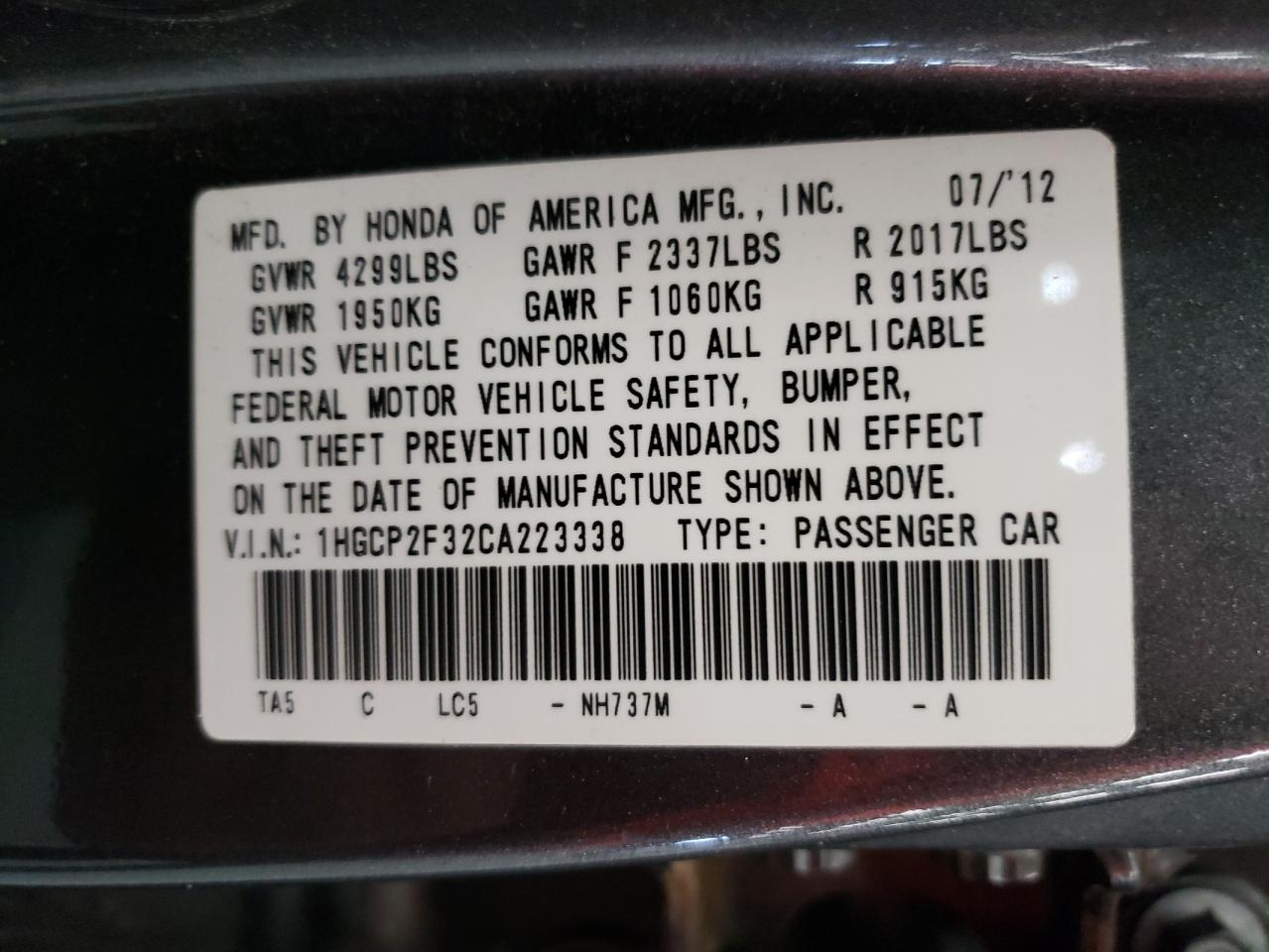 Photo 10 from auction – 2012 HONDA ACCORD LX with VIN 1HGCP2F32CA223338