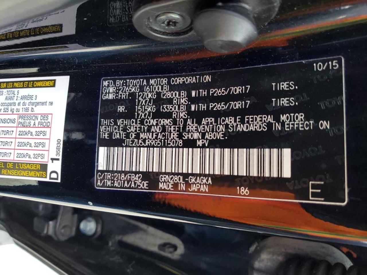 Photo 10 from auction – 2016 TOYOTA 4RUNNER SR with VIN JTEZU5JR9G5115078
