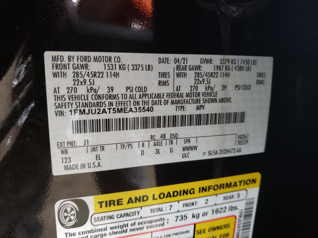 Photo 10 from auction – 2021 FORD EXPEDITION with VIN 1FMJU2AT5MEA35540