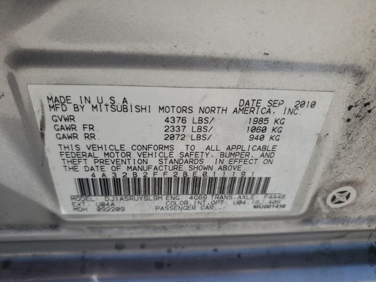 Photo 10 from auction – 2011 MITSUBISHI GALANT FE with VIN 4A32B2FF2BE011191