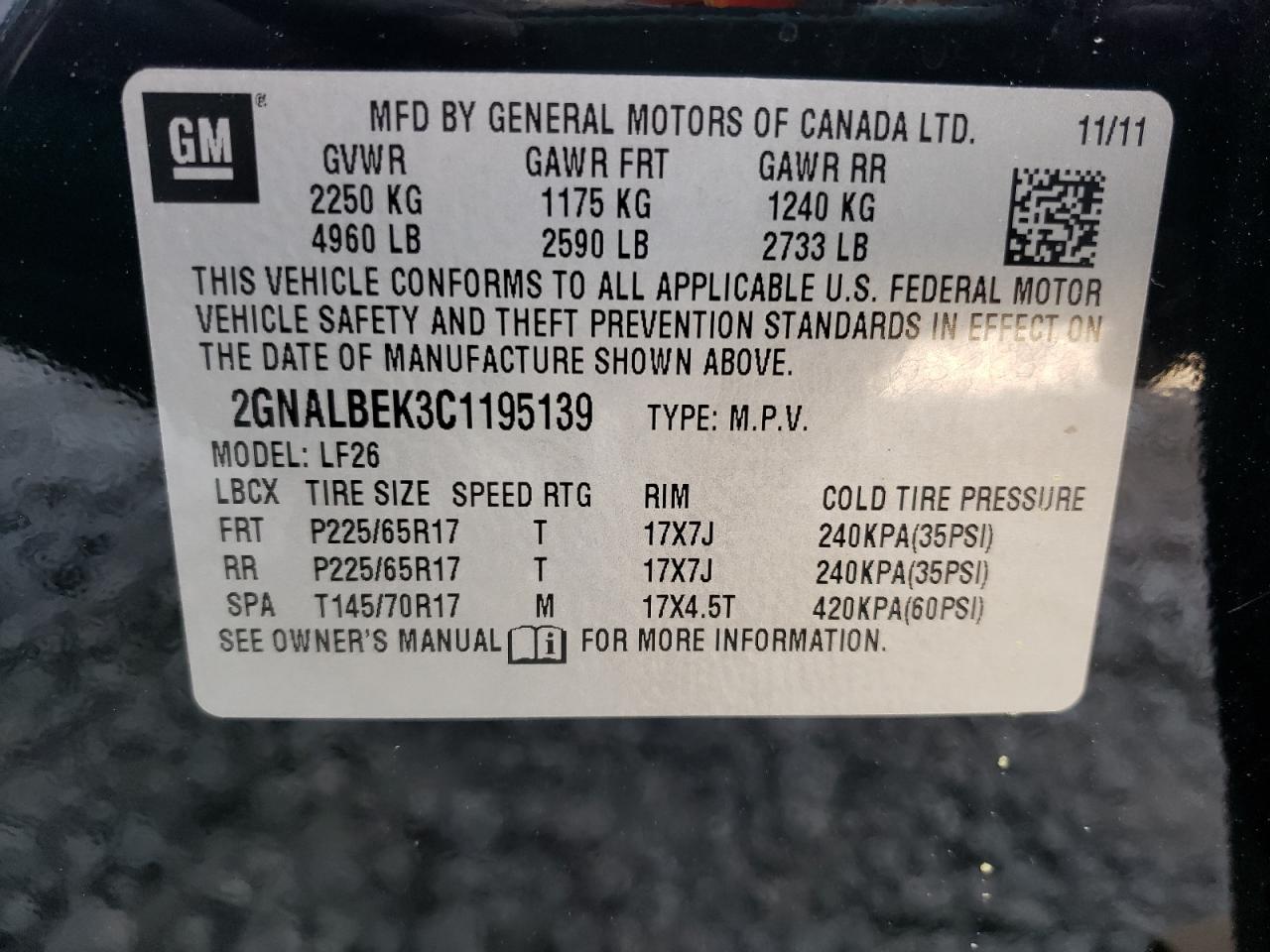 Photo 10 from auction – 2012 CHEVROLET EQUINOX LS with VIN 2GNALBEK3C1195139