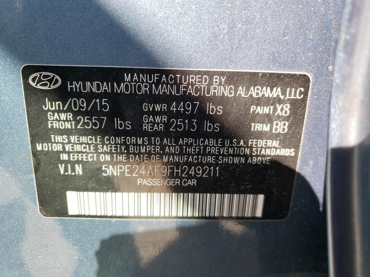 Photo 10 from auction – 2015 HYUNDAI SONATA SE with VIN 5NPE24AF9FH249211