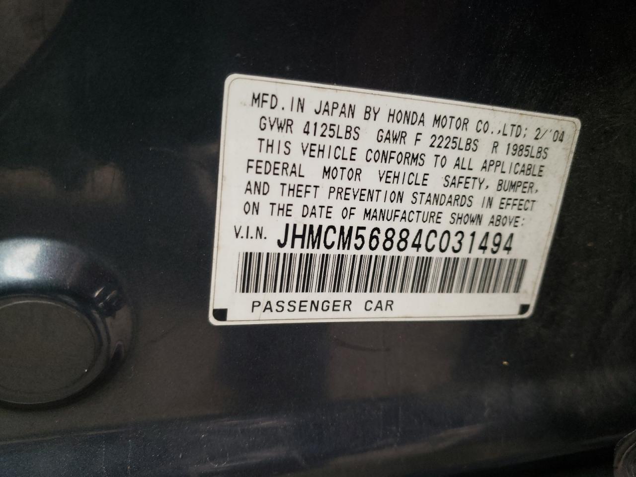 Photo 10 from auction – 2004 HONDA ACCORD EX with VIN JHMCM56884C031494