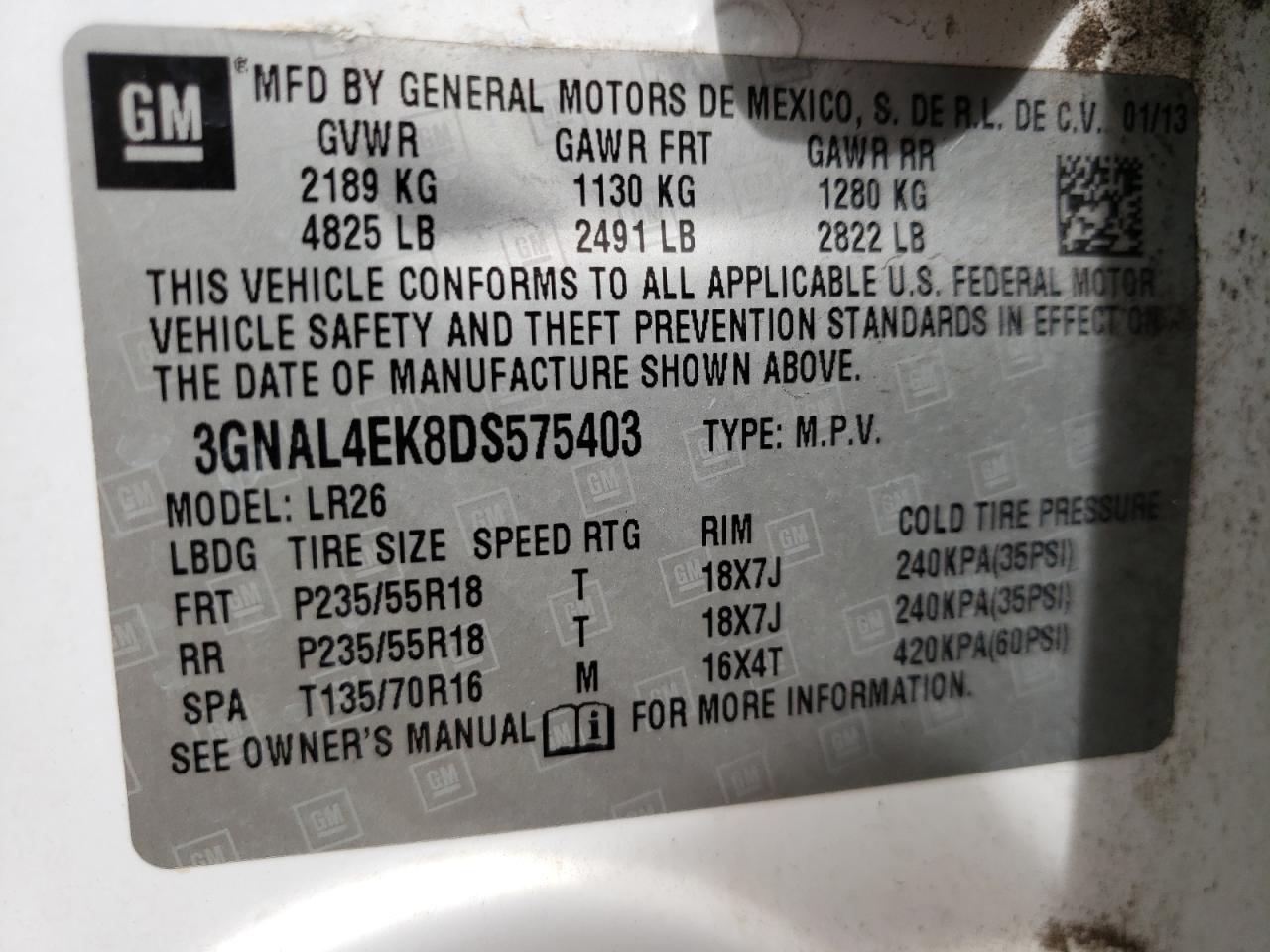 Photo 10 from auction – 2013 CHEVROLET CAPTIVA LT with VIN 3GNAL4EK8DS575403