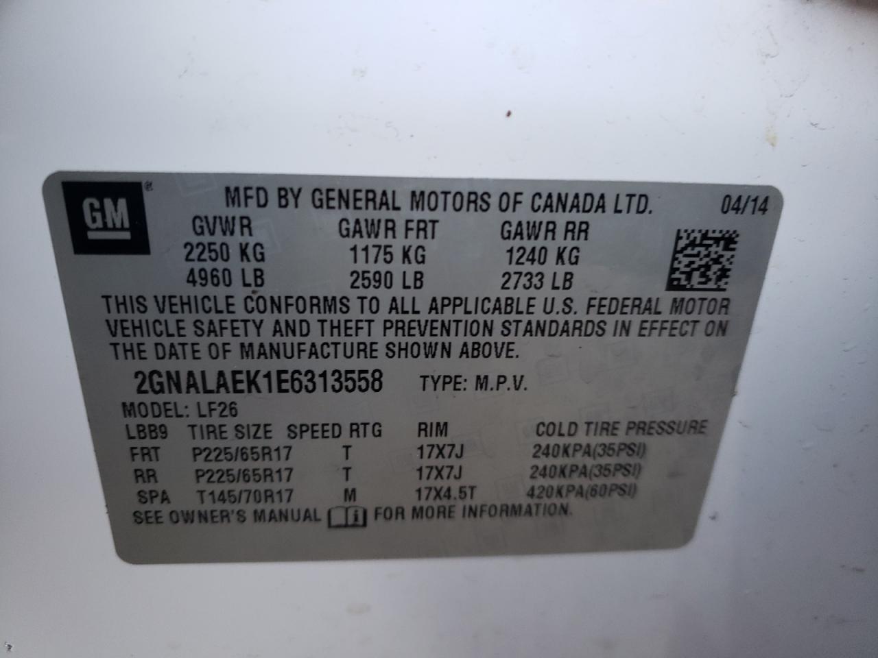 Photo 10 from auction – 2014 CHEVROLET EQUINOX LS with VIN 2GNALAEK1E6313558