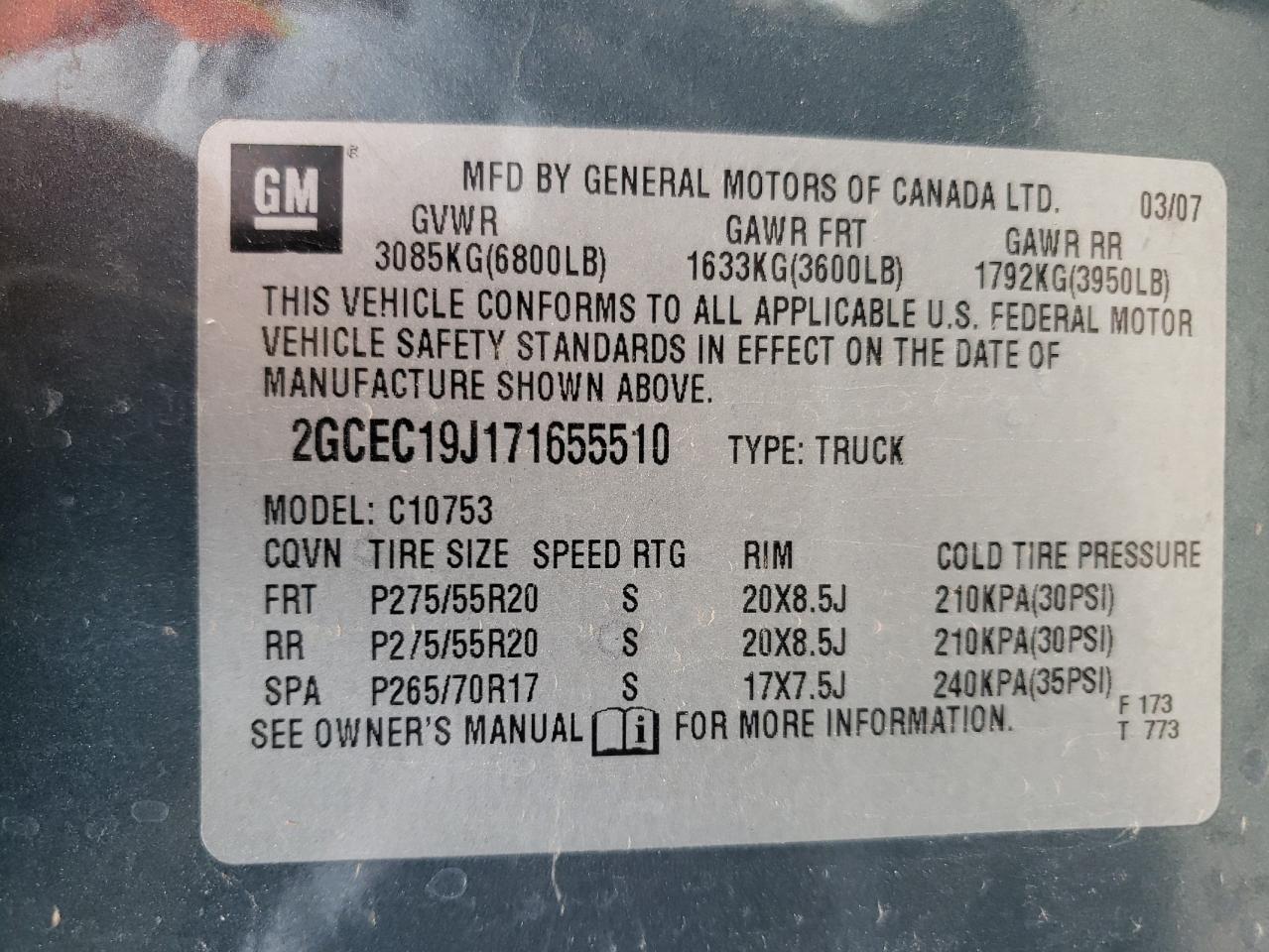 Photo 10 from auction – 2007 CHEVROLET SILVERADO with VIN 2GCEC19J171655510