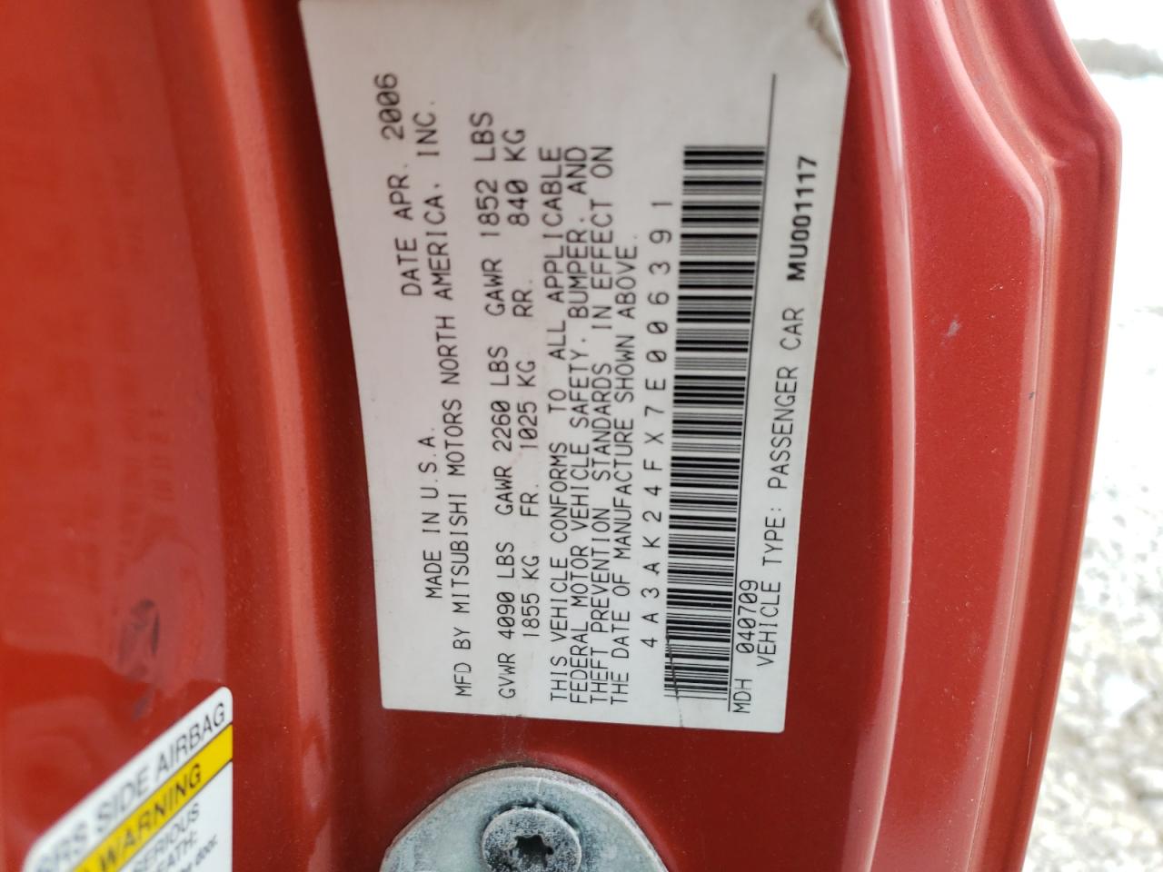 Photo 10 from auction – 2007 MITSUBISHI ECLIPSE GS with VIN 4A3AK24FX7E006391